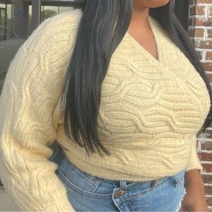 Fuzzy Cable Knit Wrap Sweater-Pale Yellow